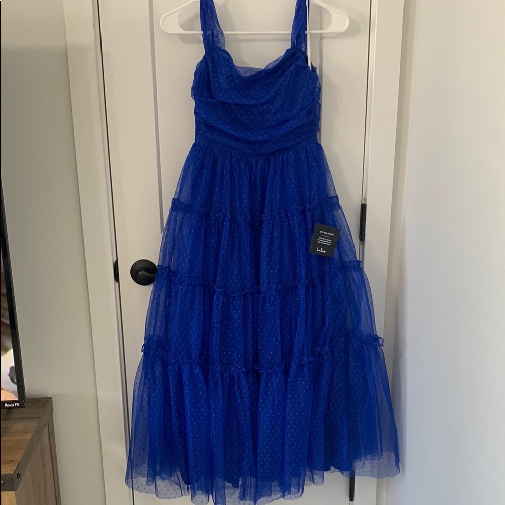 Lulus Blue Mesh Swiss Dot Tiered Midi Dress